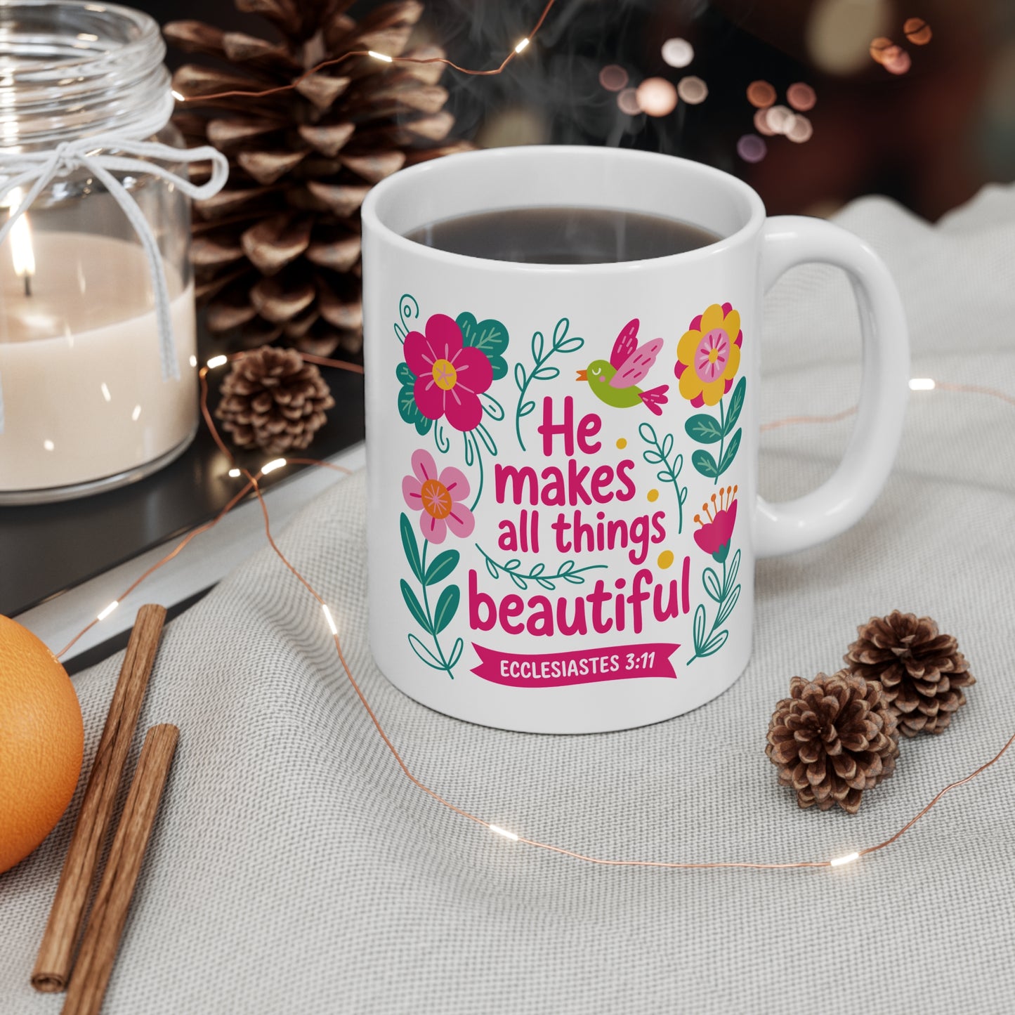 All Things Beautiful 11oz Ceramic Mug — Floral Ecclesiastes 3:11 Scripture Gift
