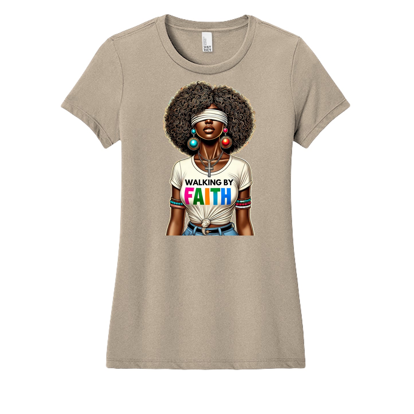 Beige t-shirt with a graphic of a woman wearing 'Walking by Faith' shirt on a white background