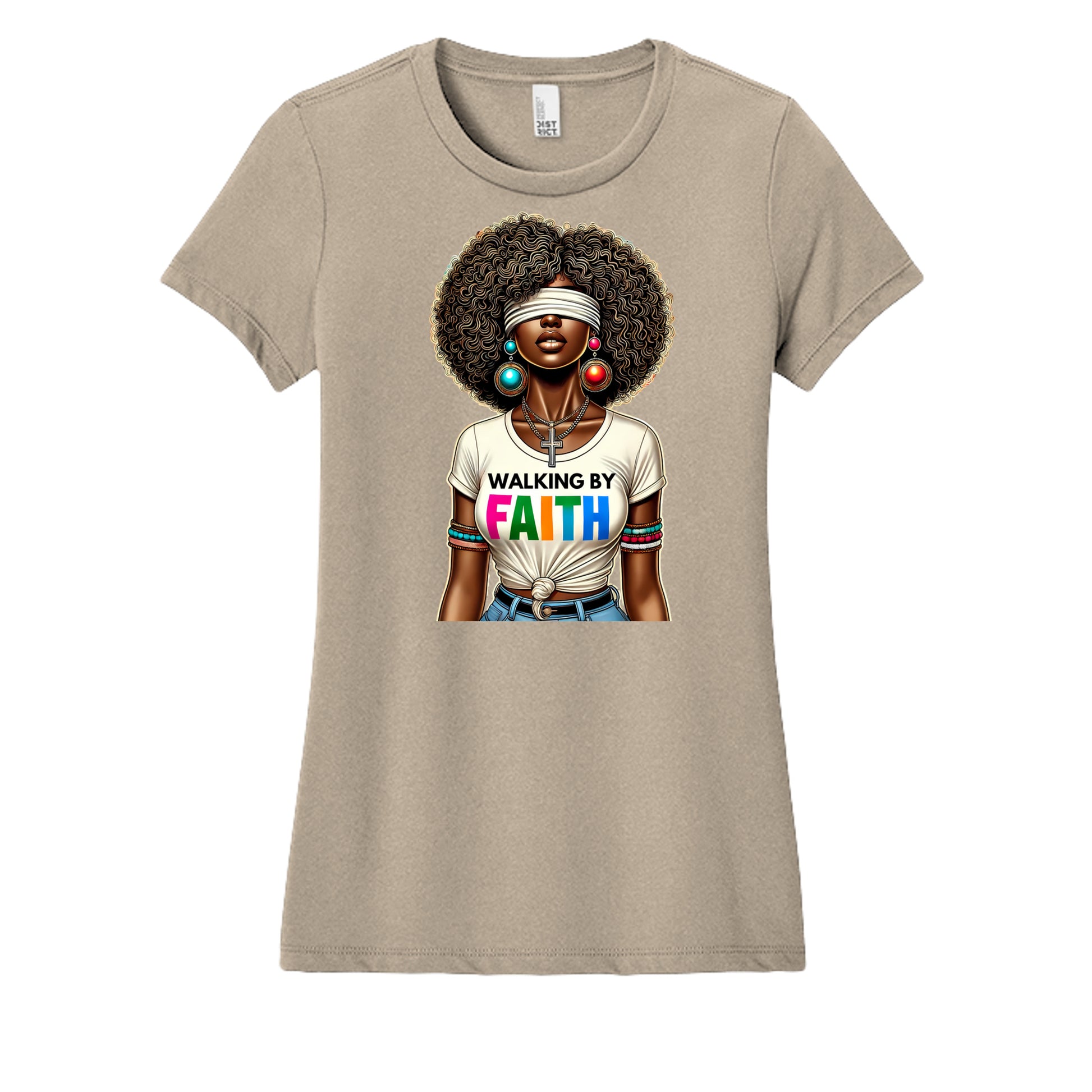 Beige t-shirt with a graphic of a woman wearing 'Walking by Faith' shirt on a white background