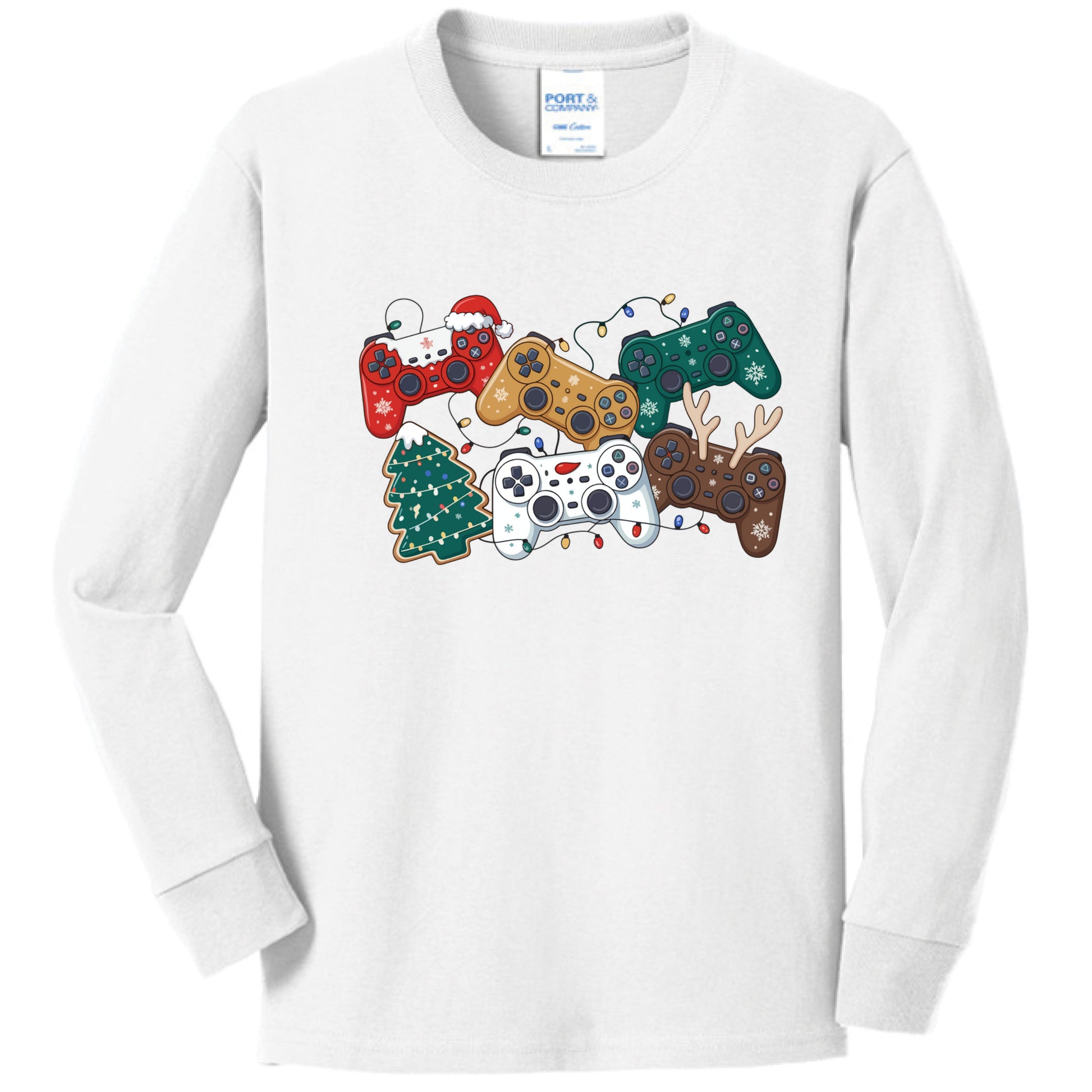 White - FRONT Kid's Christmas Gamer Long Sleeve Shirt