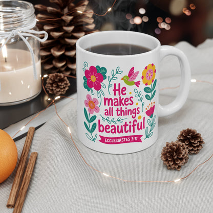 All Things Beautiful 11oz Ceramic Mug — Floral Ecclesiastes 3:11 Scripture Gift - Mug - PhreeDom by Design