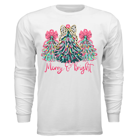 White Front Merry and Bright Christmas Tree Long Sleeve Shirt