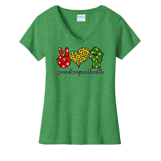 Peace Love Juneteenth V-Neck Tee - Shirts - Green - PhreeDom by Design