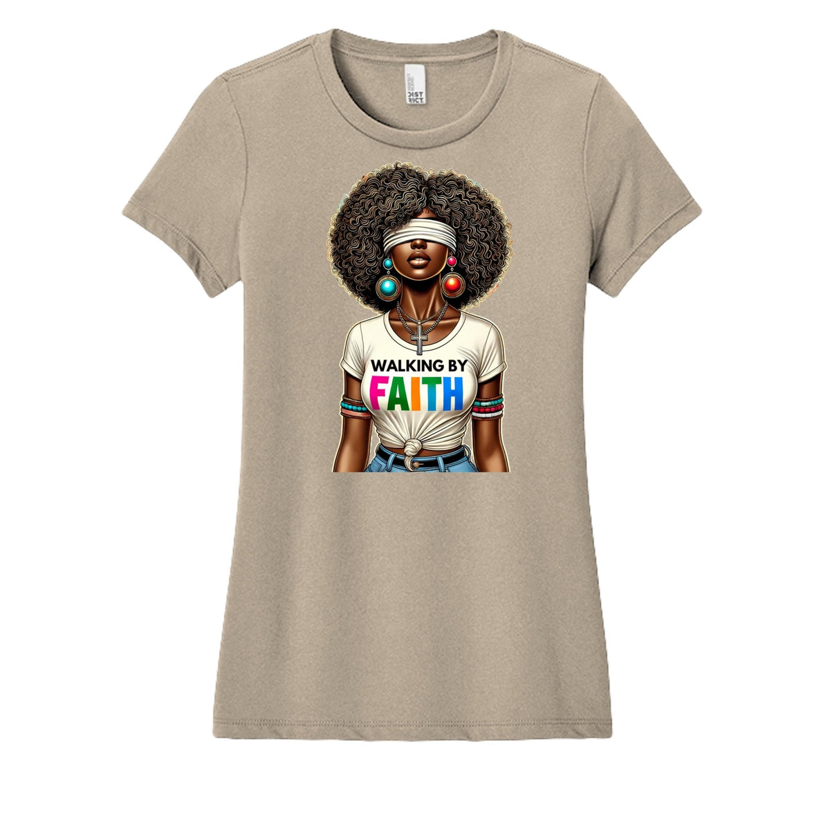 Beige t-shirt with a graphic of a woman wearing a 'Walking by Faith' shirt on a white background