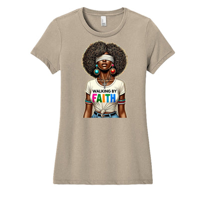 Beige t-shirt with a graphic of a woman wearing a 'Walking by Faith' shirt on a white background